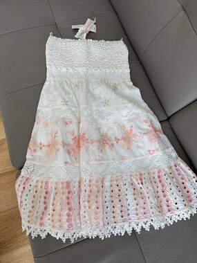 TEMPTATION POSITANO Strapless White Mini Dress w Pink Floral & Gold Detail - NWT